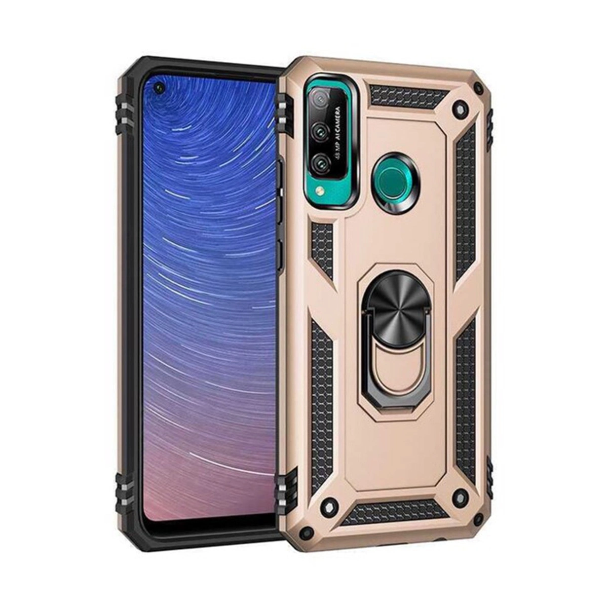 Halka tutuculu ve kamera kesimli altın rengi telefon kılıfı.