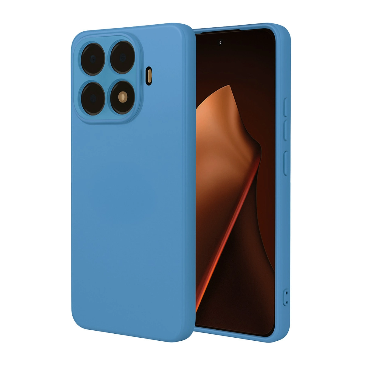 Dört kamera lensli mavi telefon kılıfı ve bir akıllı telefon.