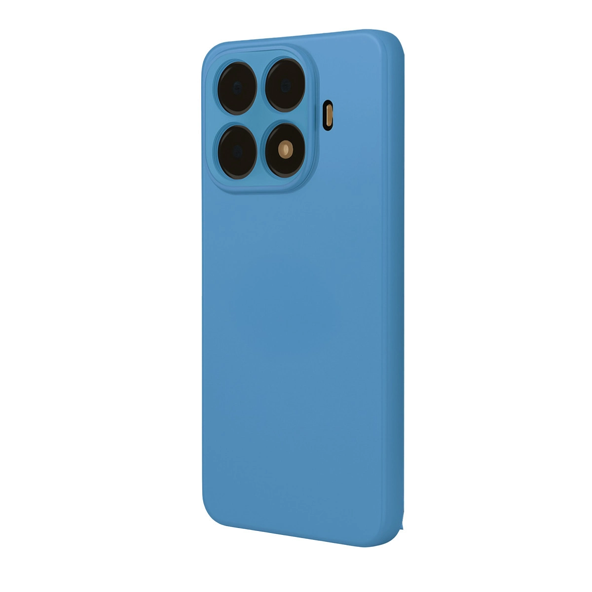 Dört kamera lensi ve flaşlı mavi telefon kılıfı.