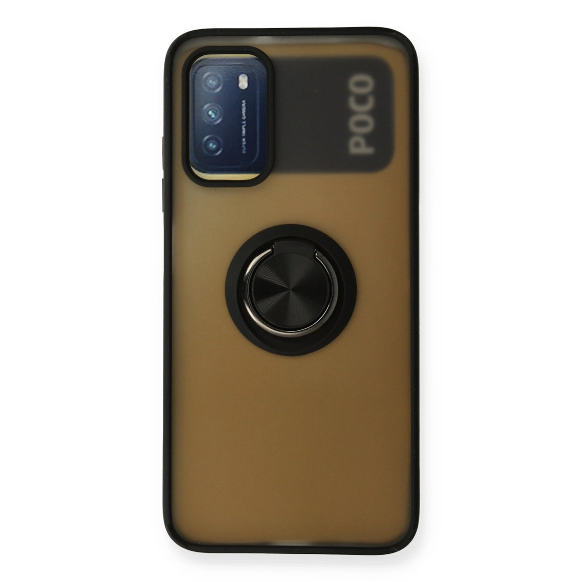 Halka tutuculu ve POCO logolu kahverengi telefon kılıfı.
