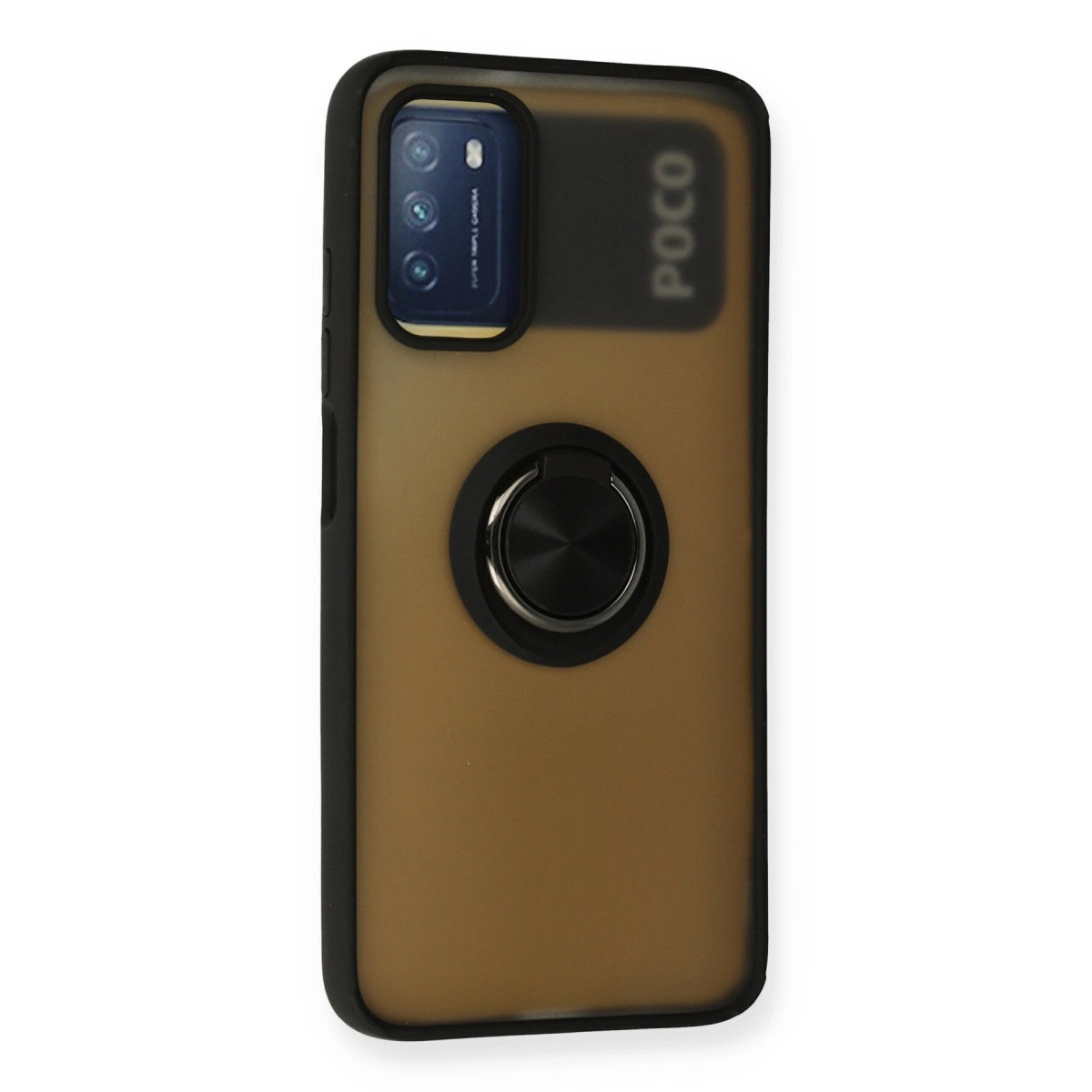 POCO logolu ve halka tutuculu kahverengi telefon kılıfı.