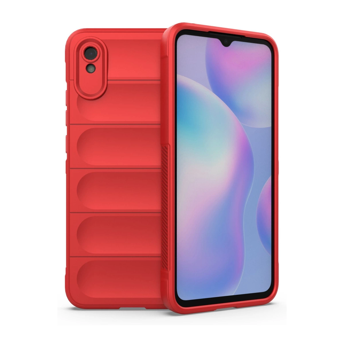 Kapitone arkalı kırmızı telefon kılıfı ve renkli ekranlı akıllı telefon.