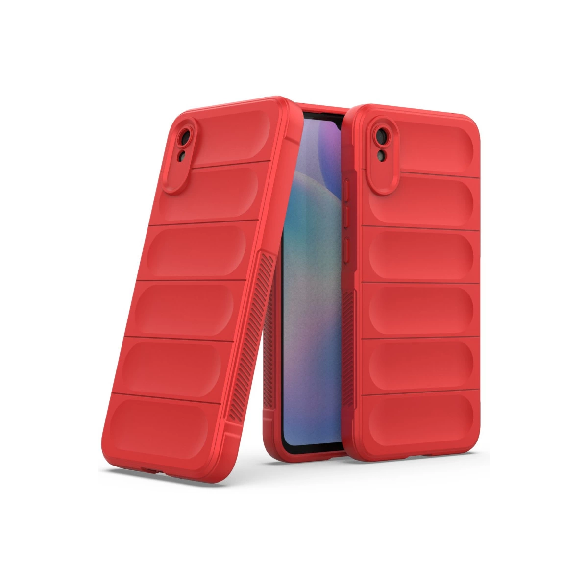 Kapitone tasarımlı iki kırmızı telefon kılıfı yan yana duruyor.