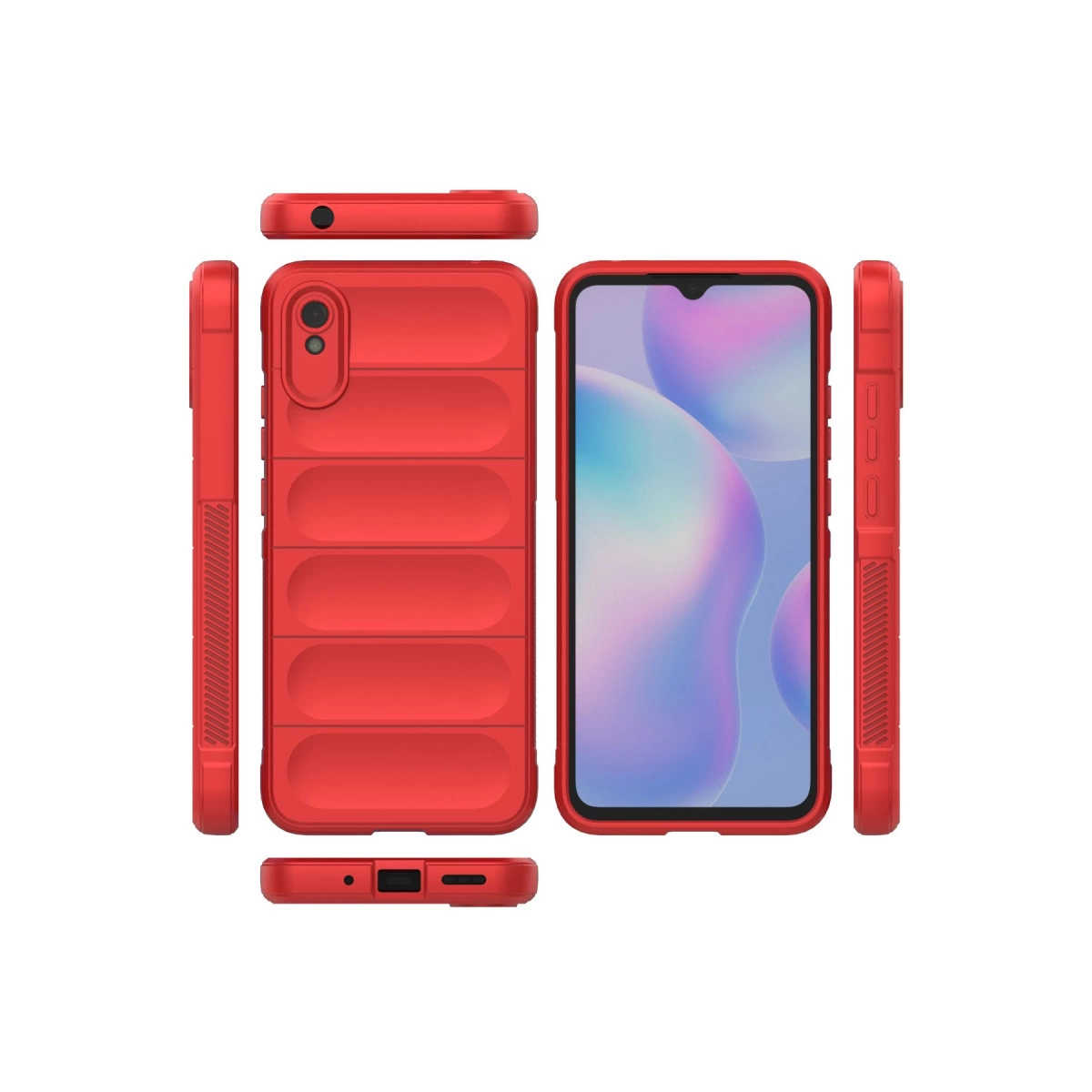 Yatay çıkıntılı kırmızı telefon kılıfı, ön ve yan görünümler.