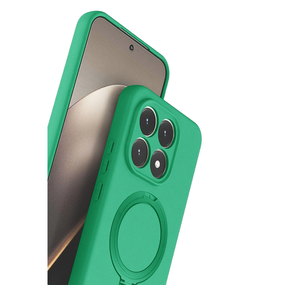 Dört kameralı ve halka tutuculu yeşil telefon kılıfı.