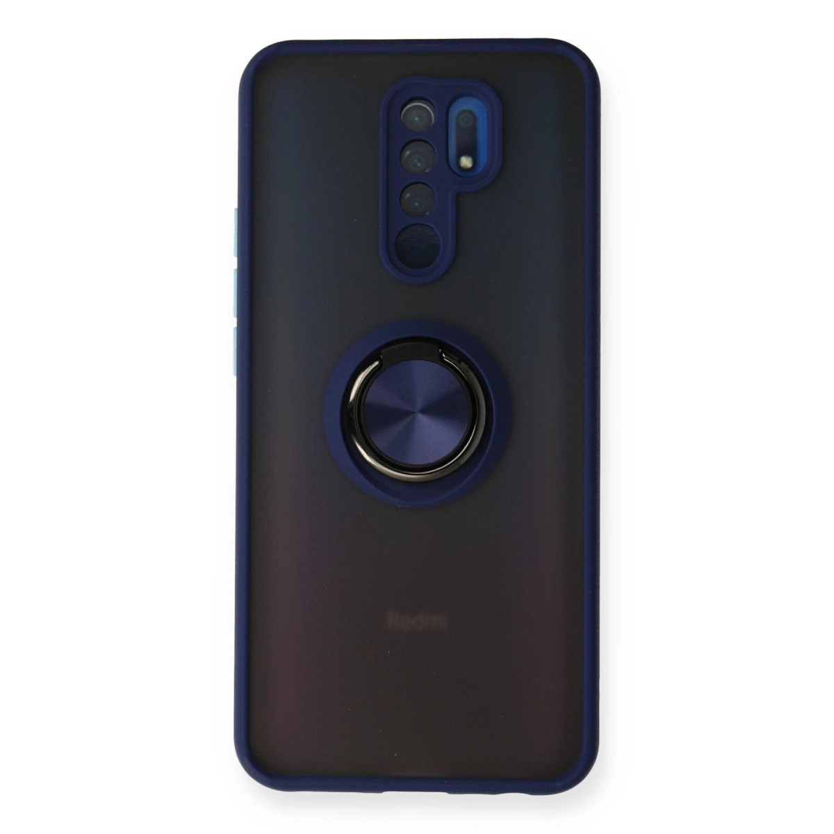 Halka tutuculu ve kamera dizilimli lacivert telefon kılıfı.