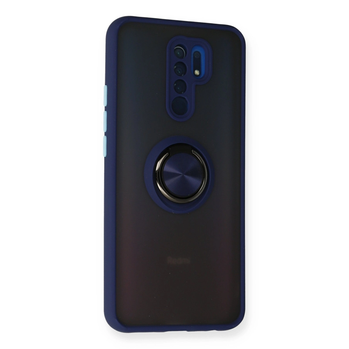 Halka tutuculu, üç kameralı koyu mavi telefon kılıfı.