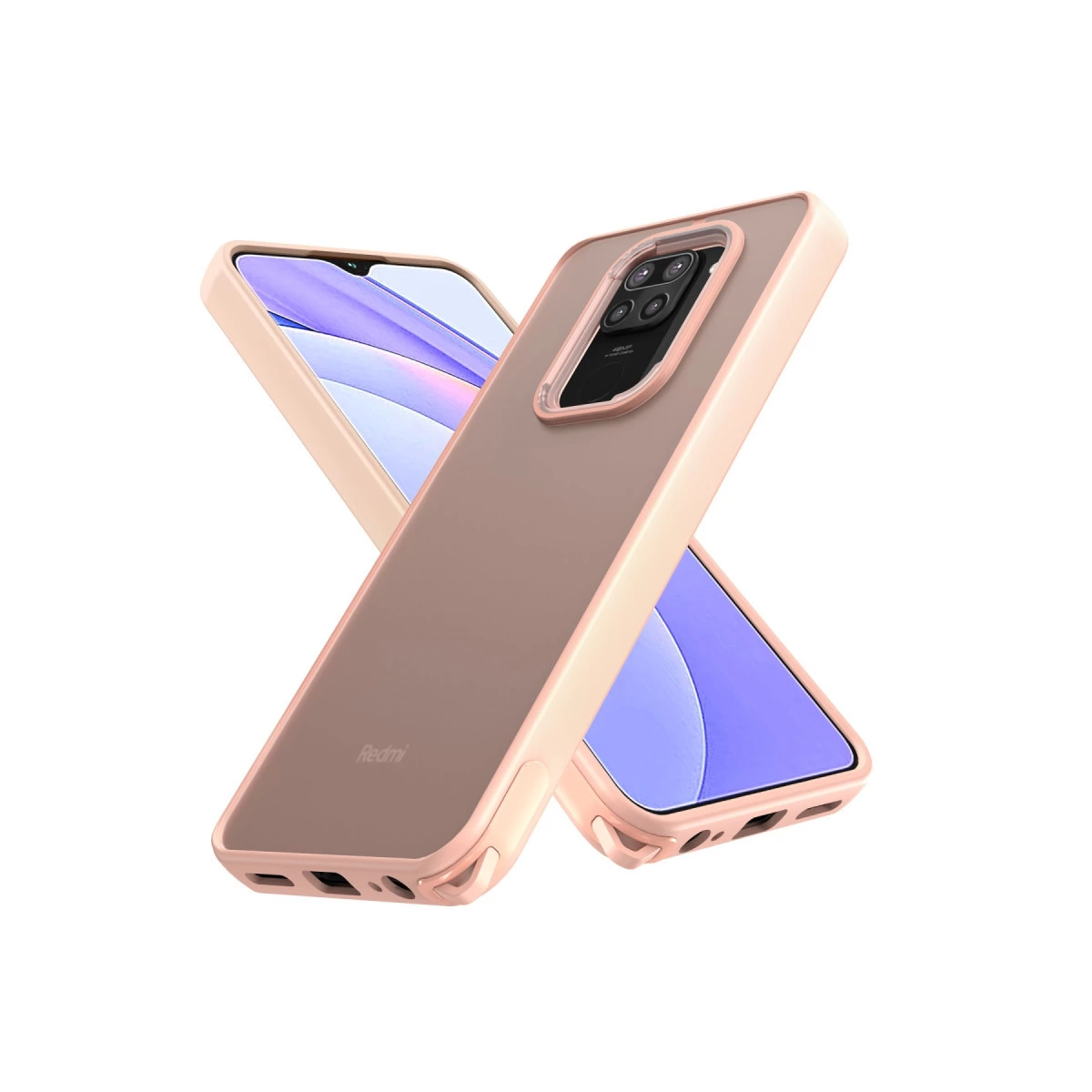 Arkası şeffaf, soluk pembe iki telefon kılıfı beyaz arka plan önünde.