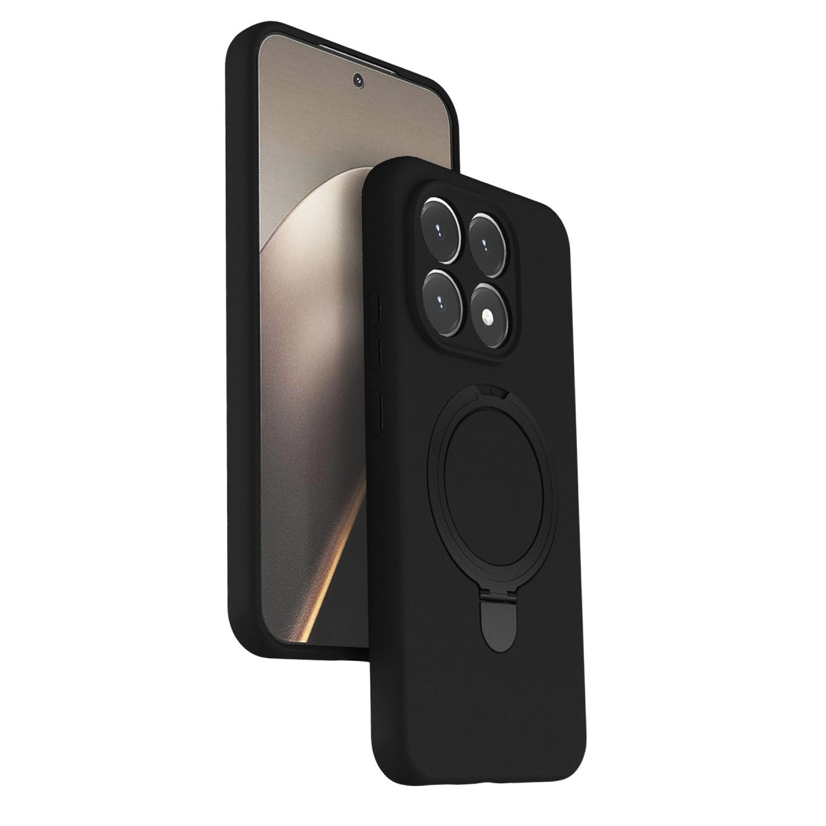 Dört kamera lensli, halka tutuculu siyah telefon kılıfı.