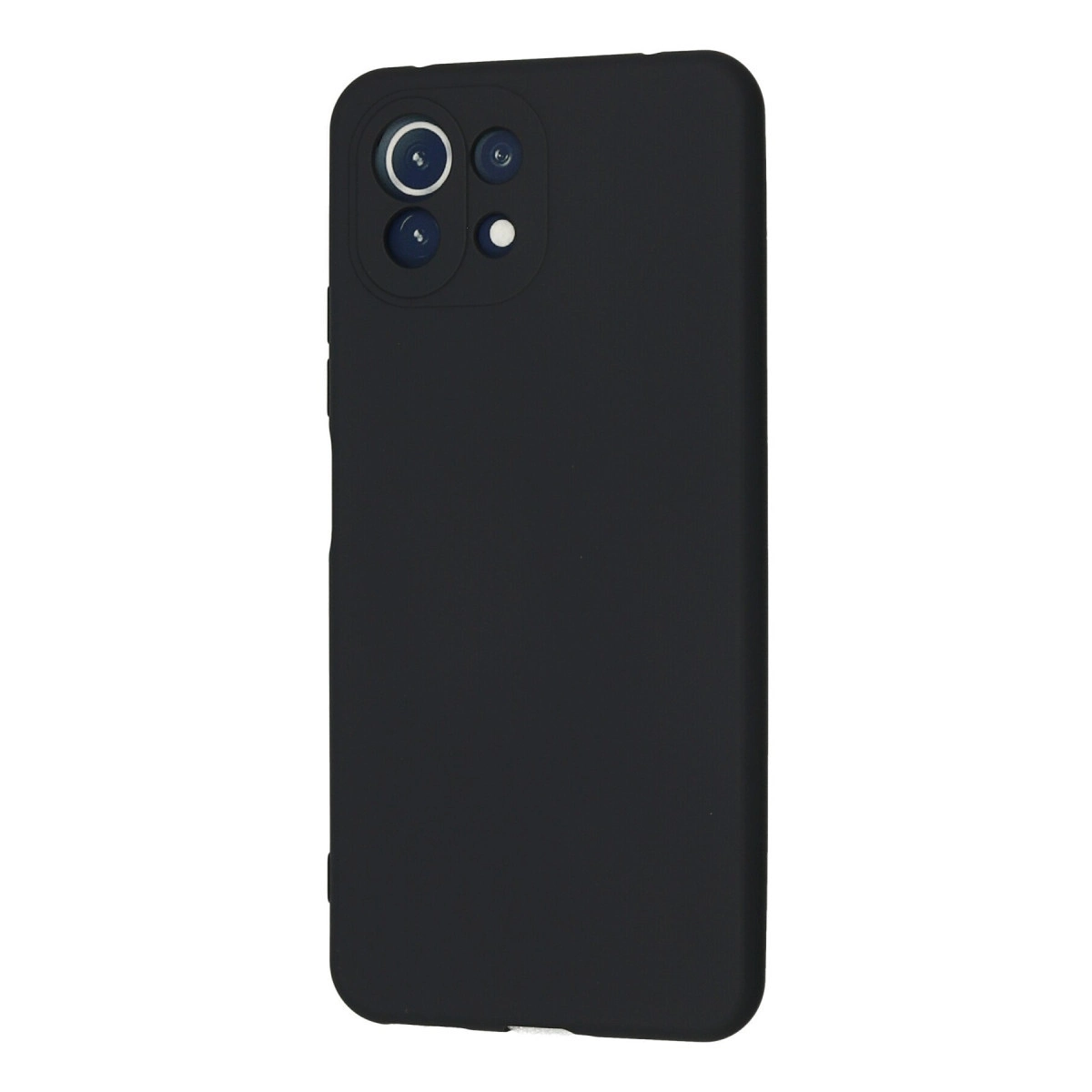Arkada dörtlü kamera lens dizilimine sahip siyah telefon kılıfı.