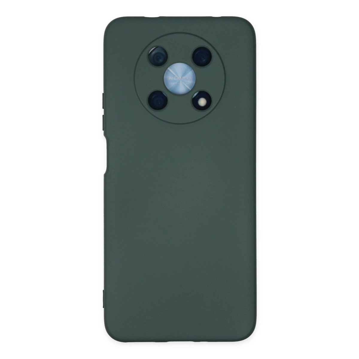Yuvarlak kamera lens düzeni ve mavi vurguya sahip koyu yeşil telefon kılıfı.