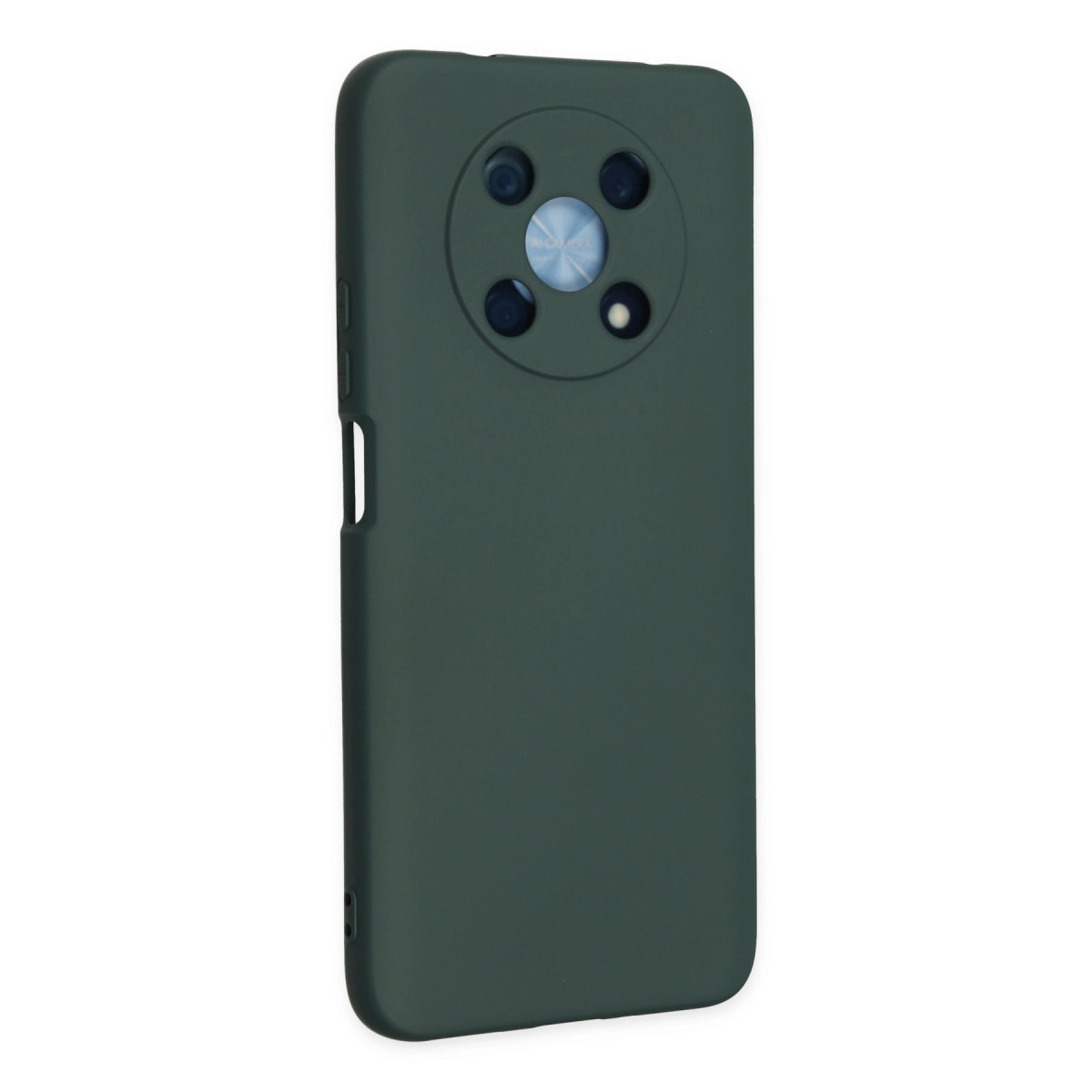 Dört lensli yuvarlak kamera kesimli koyu yeşil telefon kılıfı.