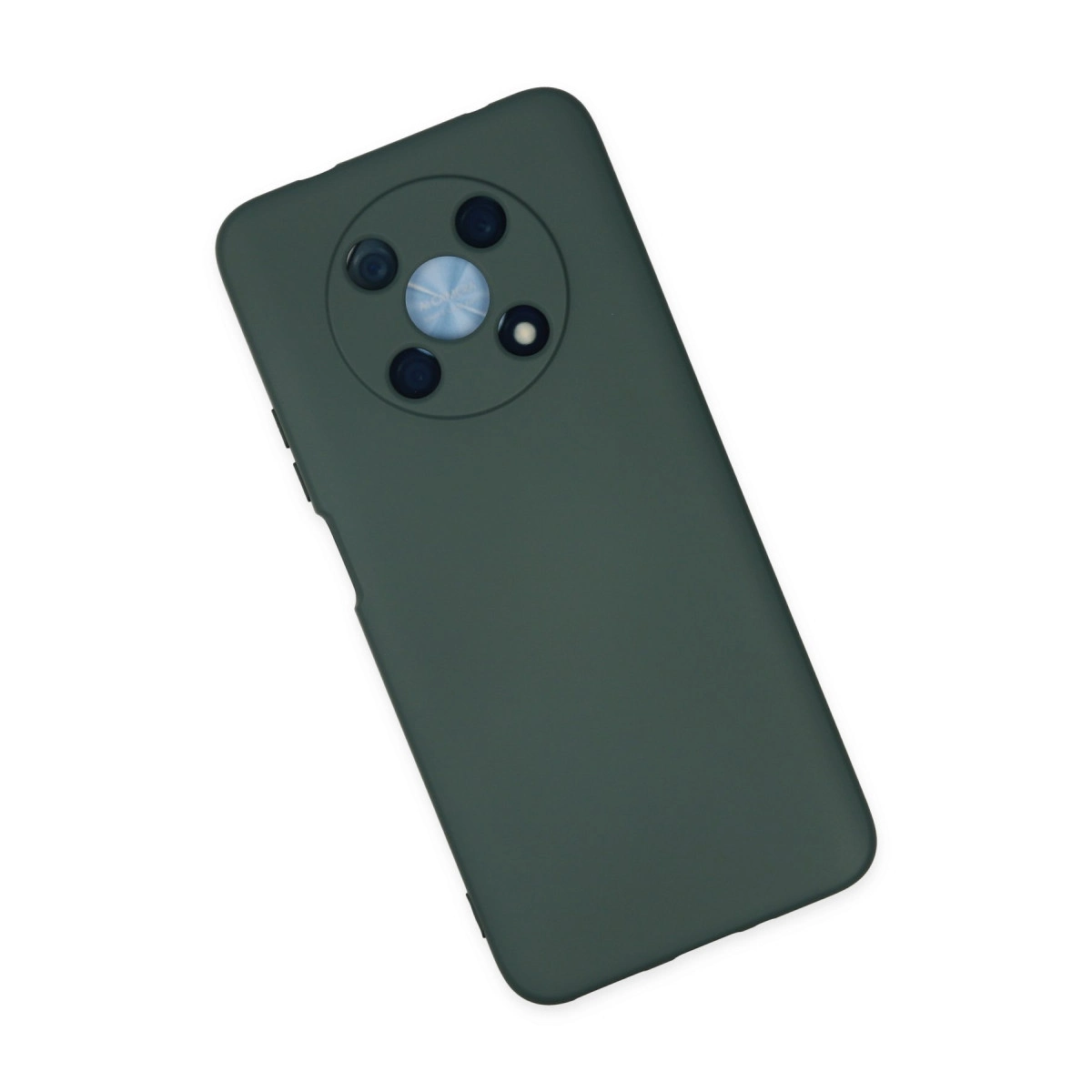 Yuvarlak kamera adası olan koyu yeşil telefon kılıfı. Dört lens ve flaş içerir.