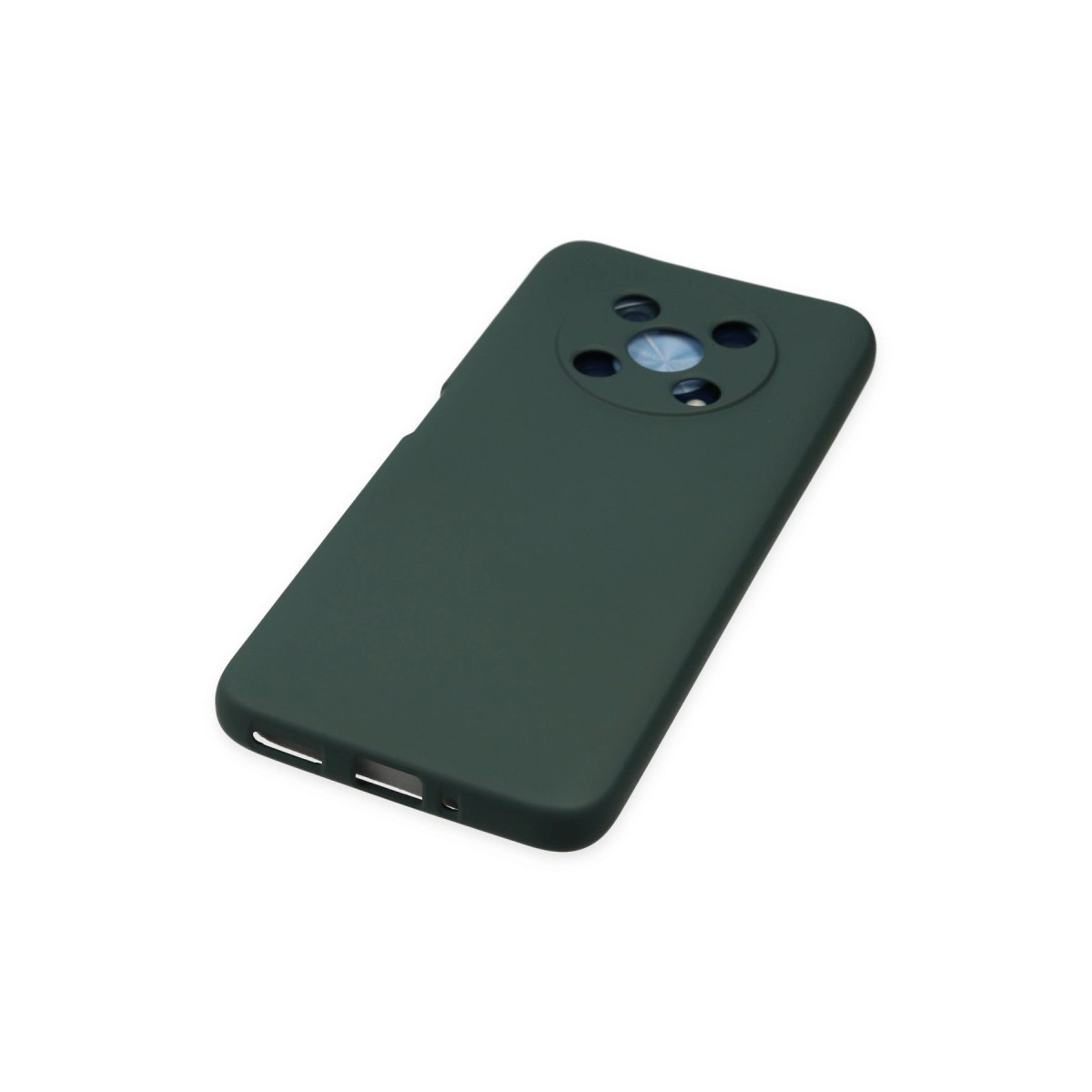 Yuvarlak kamera lensli koyu yeşil telefon kılıfı beyaz arka planda.