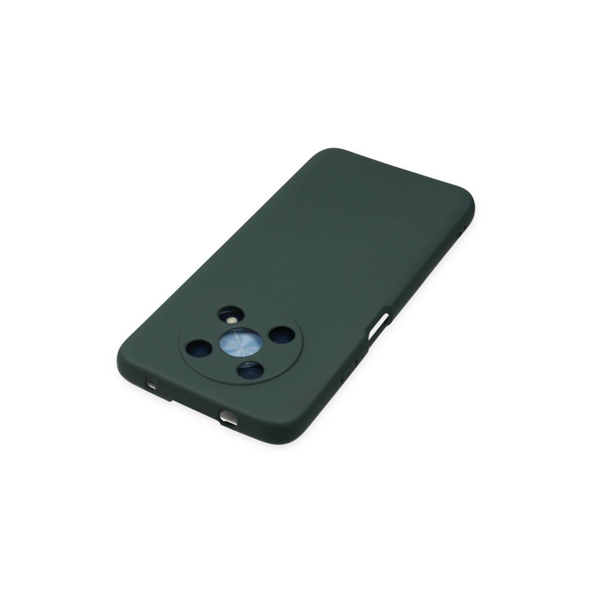 Yuvarlak kamera kesimli koyu yeşil telefon kılıfı, beyaz zeminde.