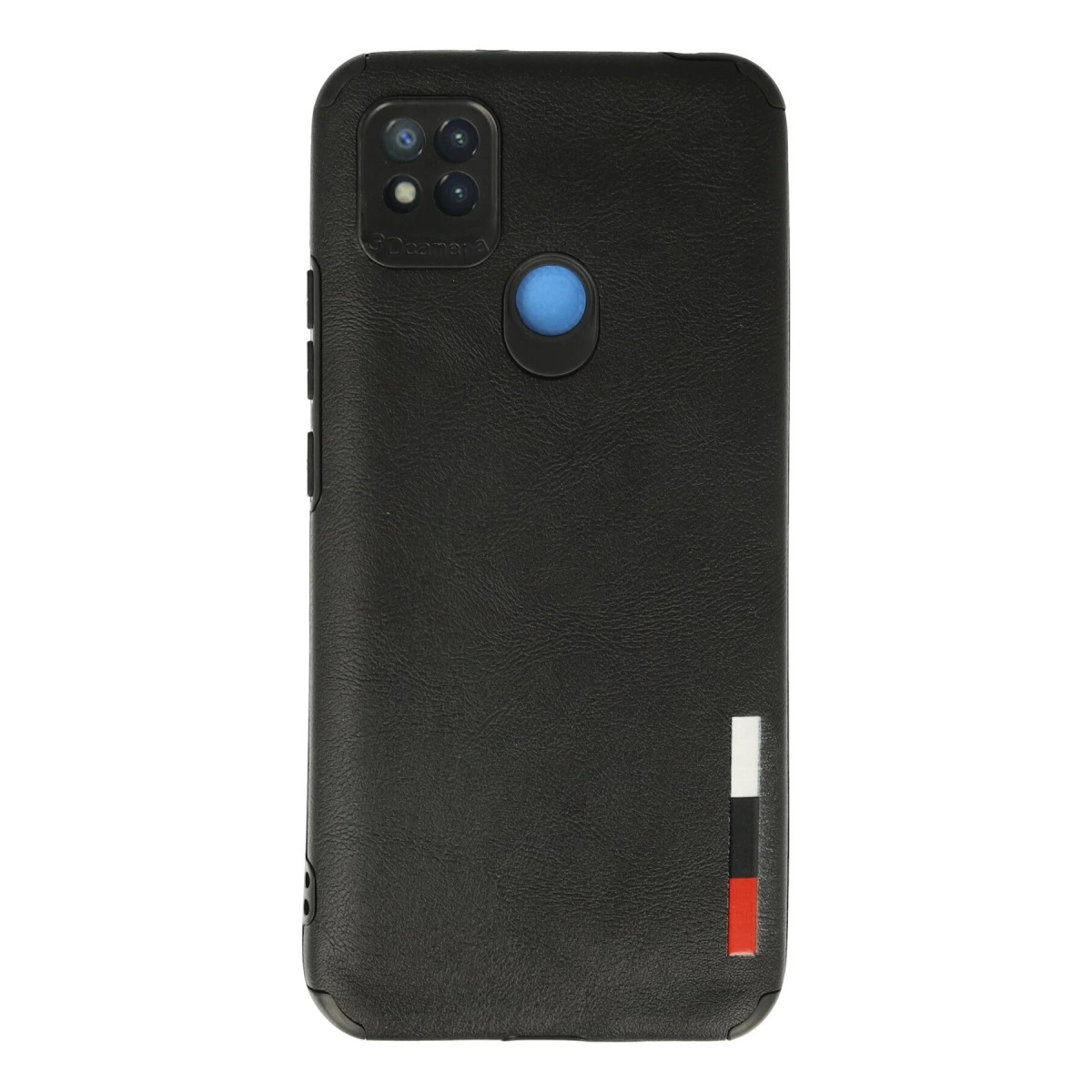 Kamera oyuntulu, mavi düğmeli ve çizgili siyah telefon kılıfı.