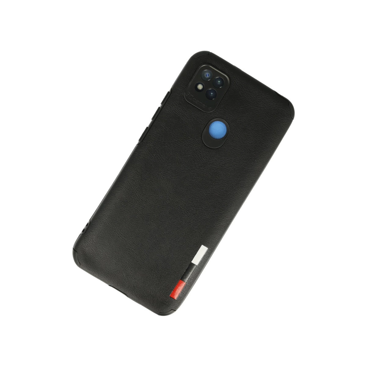 Kameralı ve mavi düğmeli siyah telefon kılıfı, altta çizgiler.