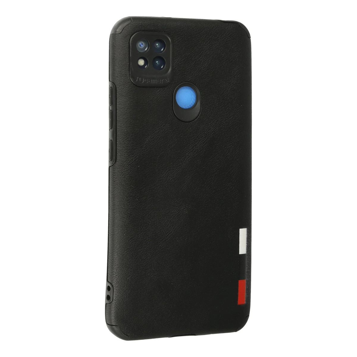 Kamera oyuntulu ve mavi parmak izi sensörlü siyah telefon kılıfı.