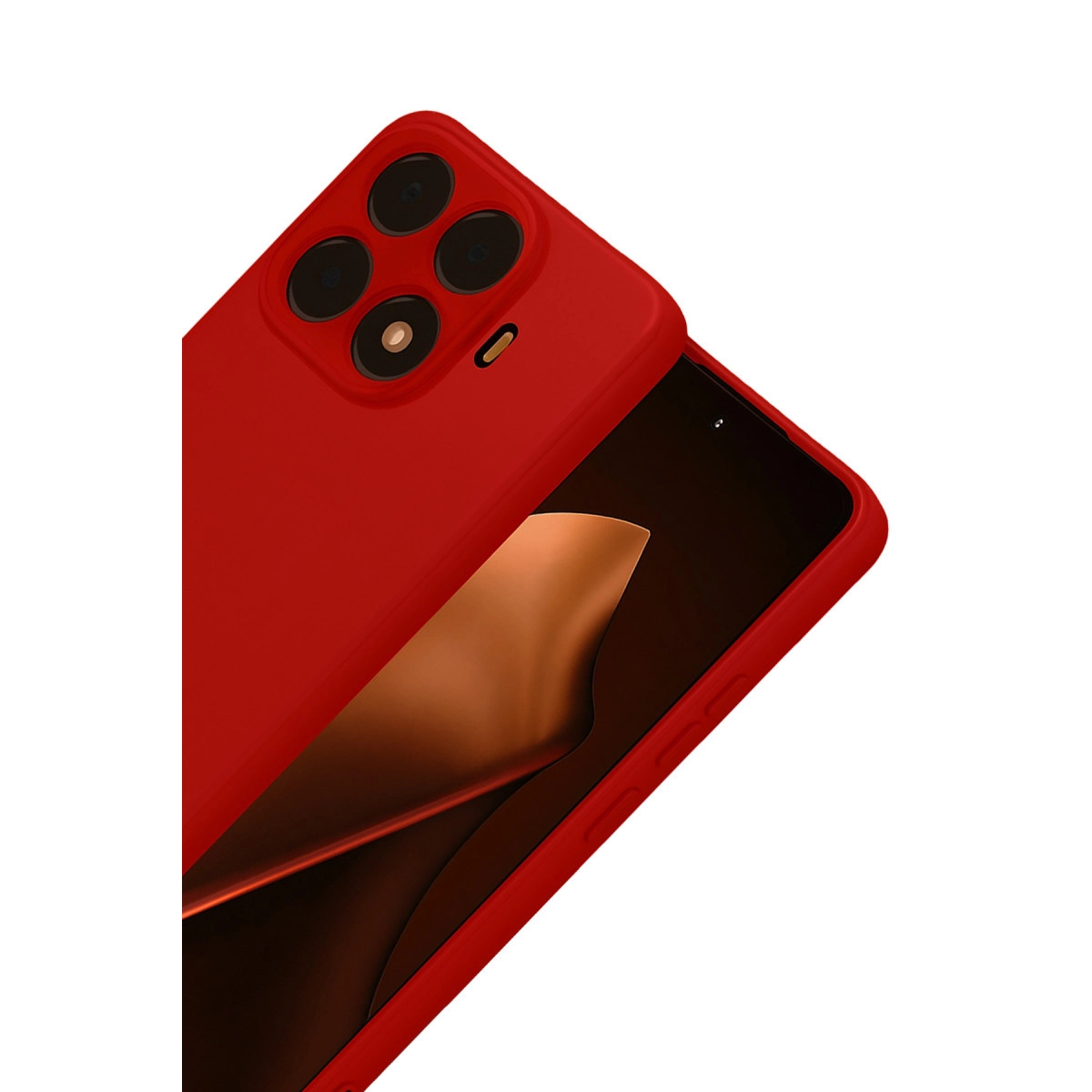 Dört lensli ve kamera çıkıntılı kırmızı bir akıllı telefon kılıfı gösteriliyor.