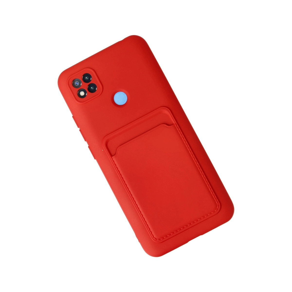 Kart tutuculu ve mavi düğmeli kırmızı telefon kılıfı.