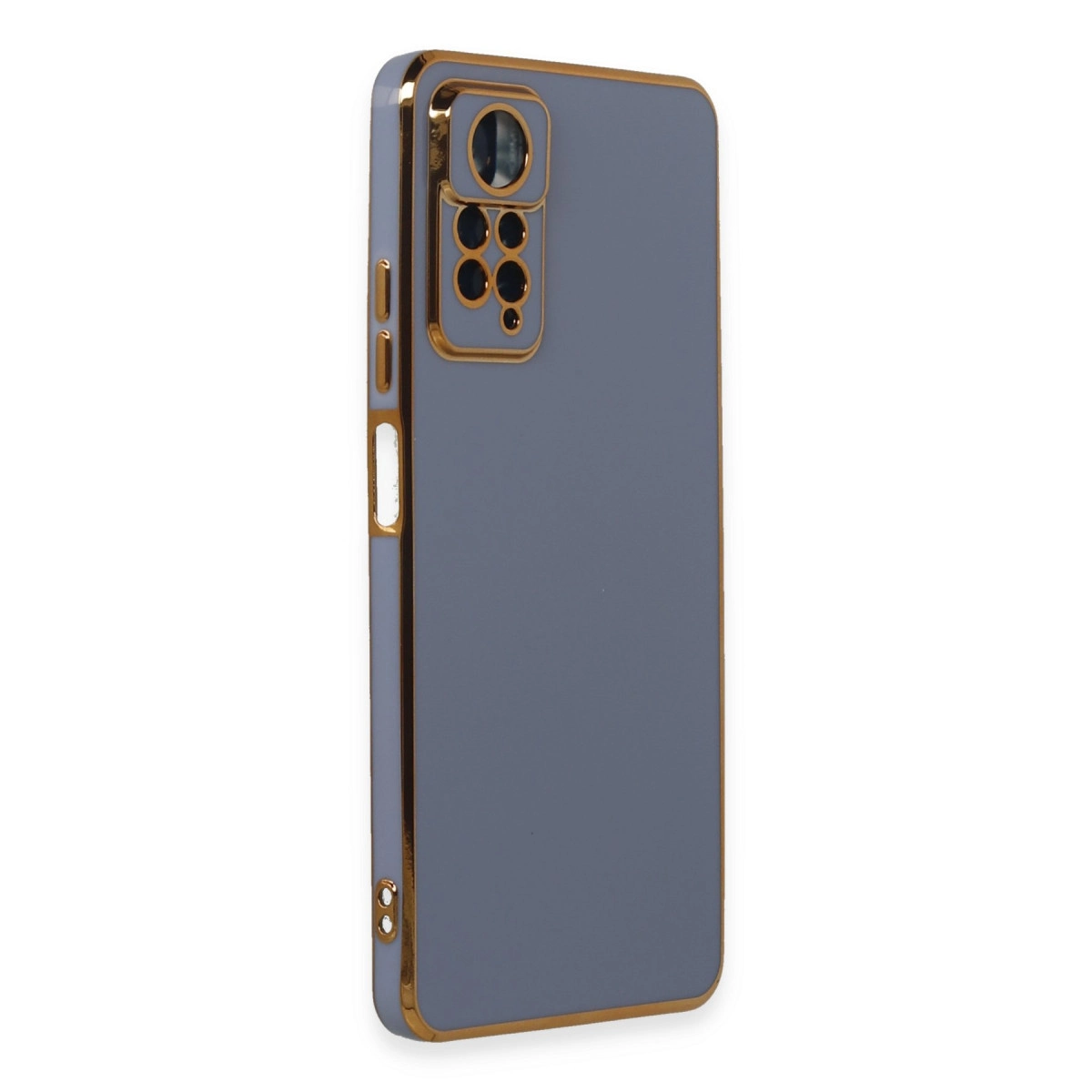 Altın çerçeveli ve kamera kesimli gri telefon kılıfı.