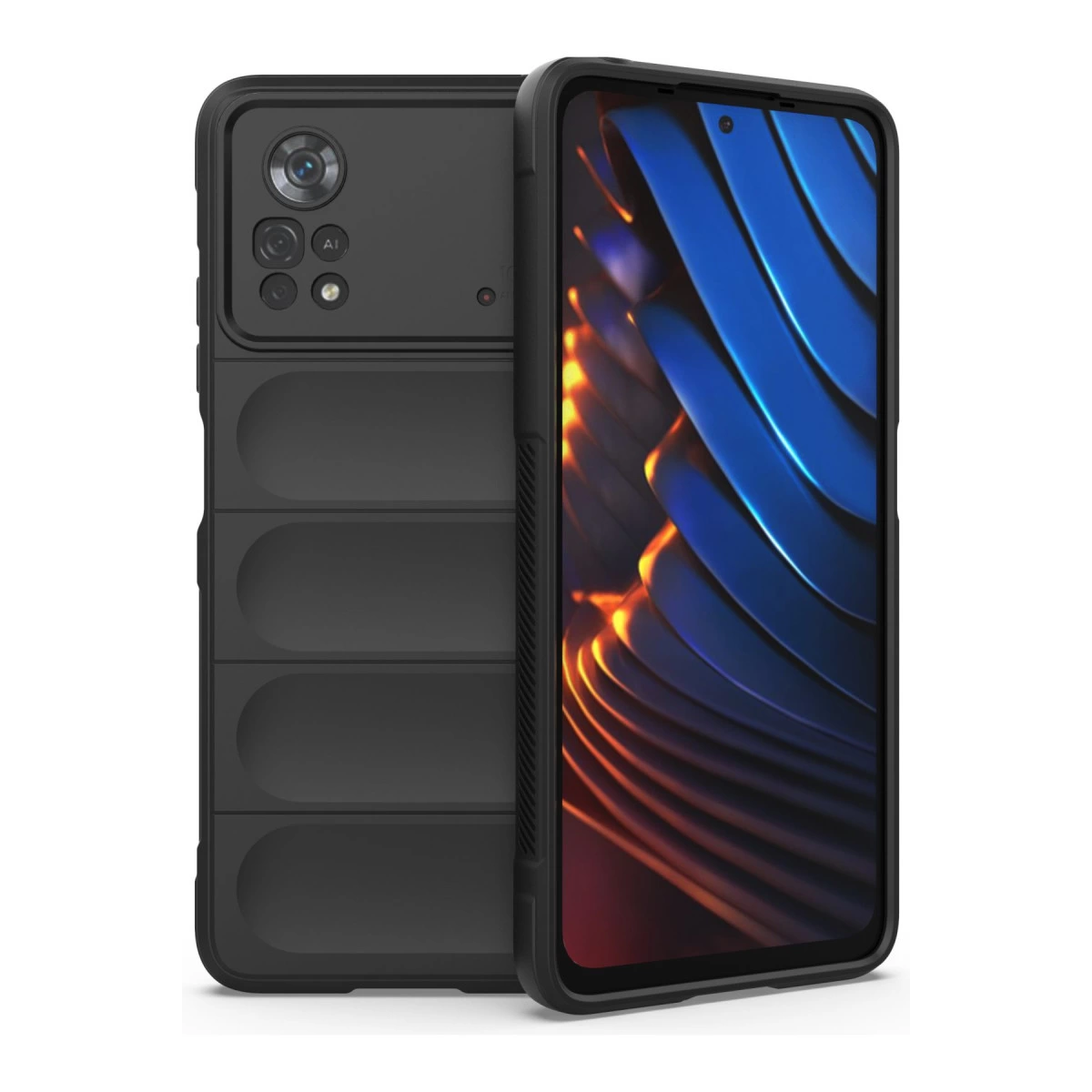 Belirgin kamera modülü ve canlı ekranı olan siyah akıllı telefon.