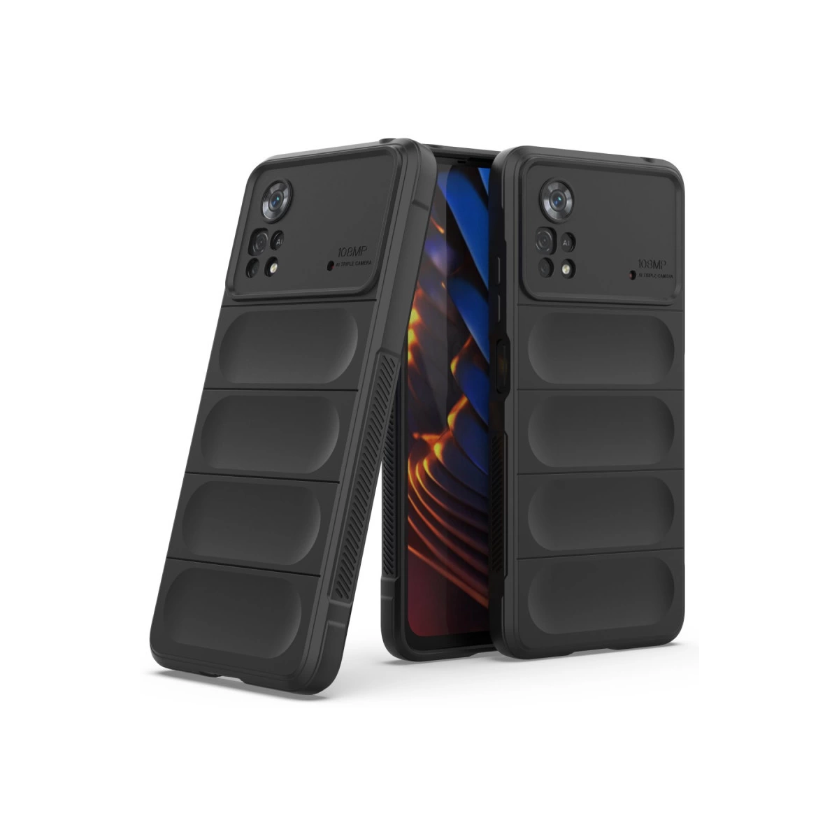 Dokulu tasarımlı ve 108MP kamera kesimli iki siyah telefon kılıfı.