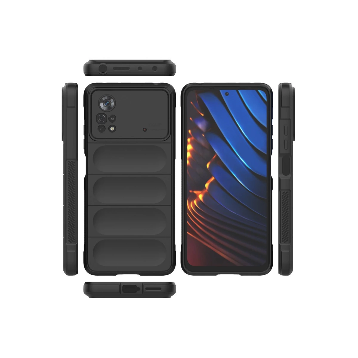Kamera ve koruyucu kılıflı siyah akıllı telefon, ön, arka ve yan görünümleri.