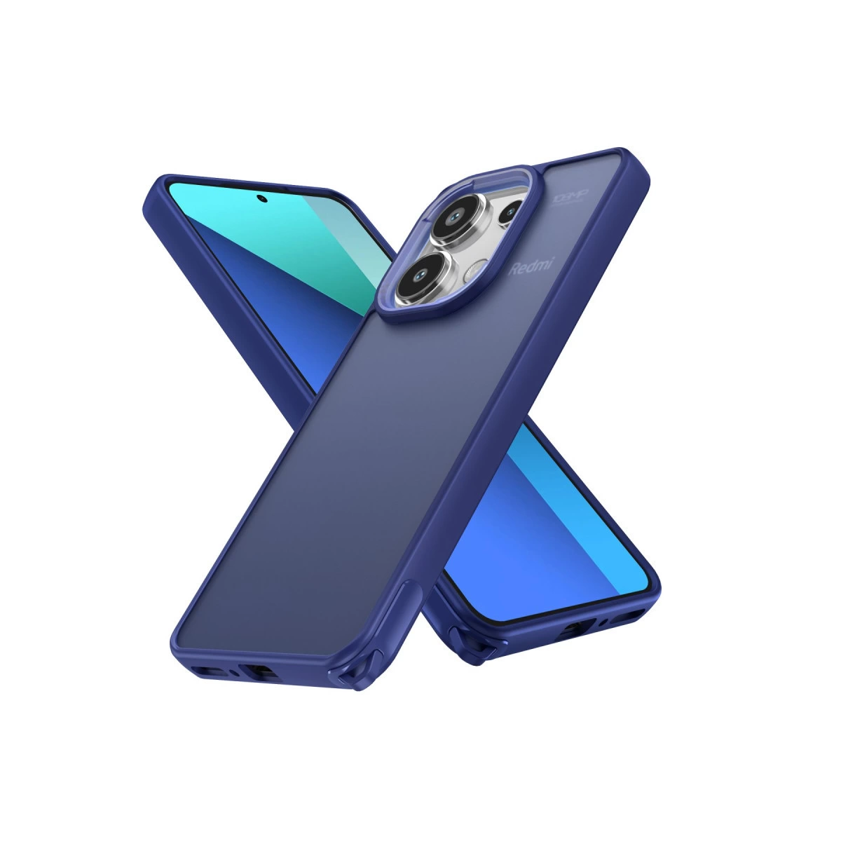 Kamera modülleri ve Redmi logosu bulunan iki koyu mavi telefon kılıfı.