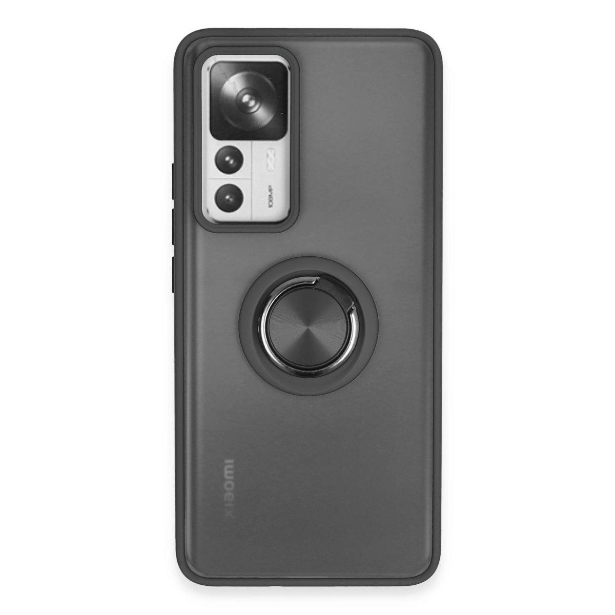 Kamera modülü, halka tutucu ve Xiaomi logosuna sahip koyu gri telefon kılıfı.