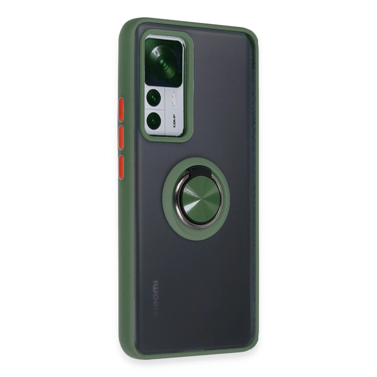 Yeşil telefon kılıfı, siyah arka, halka tutucu ve kamera kesiği.