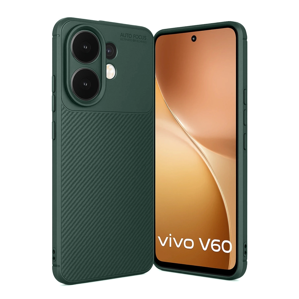 Karbon dokulu kılıflı koyu yeşil telefon ve büyük kamera çıkıntısı.