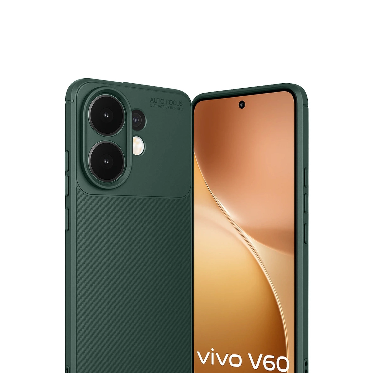 Ekranında "vivo V60" yazısı ve iki kamerası olan koyu yeşil telefon.