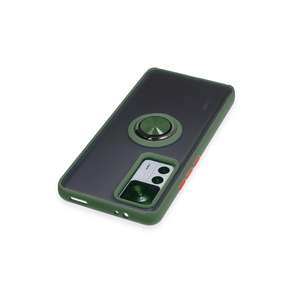 Yeşil halkalı ve kamera kesimli koyu gri telefon kılıfı.