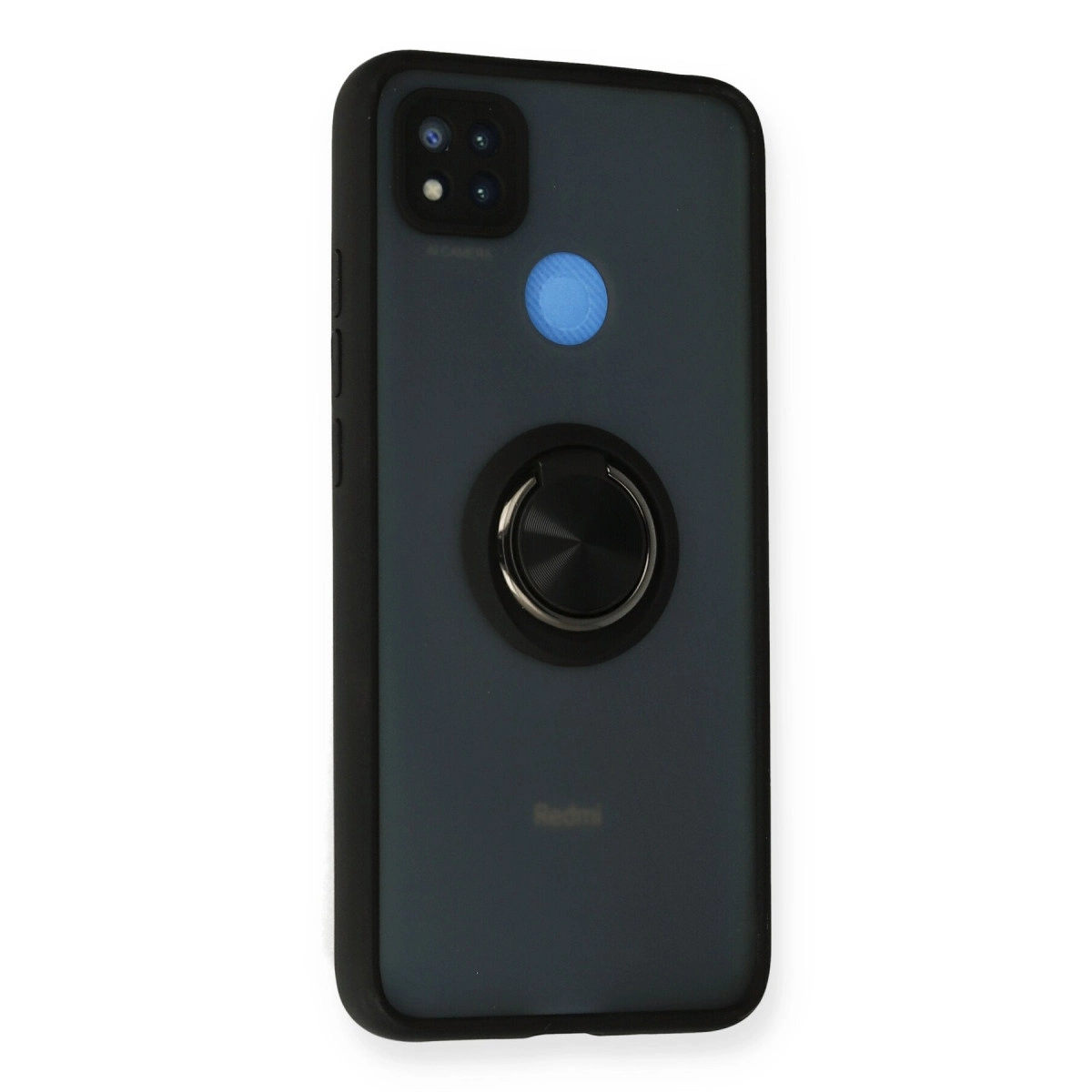 Halka tutuculu, mavi düğmeli ve kamera modüllü koyu renkli telefonun arkası.