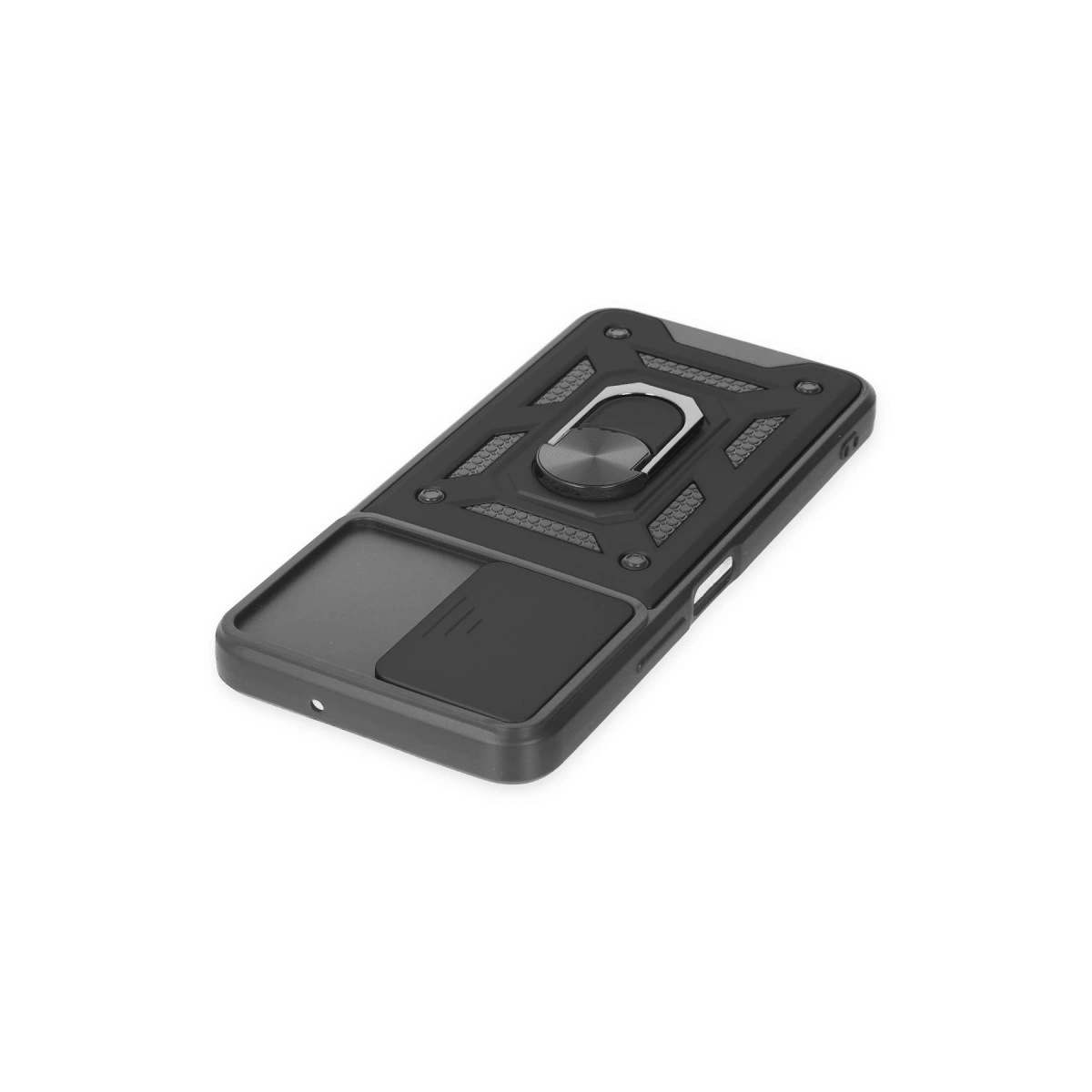 Halka tutuculu ve kaydırılabilir bölmeli siyah telefon kılıfı.