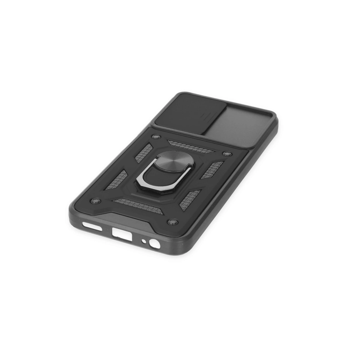 Halka tutuculu ve kayar kapaklı siyah telefon kılıfı.
