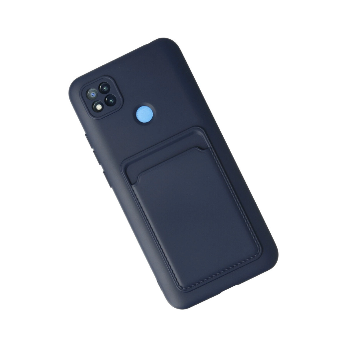 Koyu mavi telefon kılıfı, kartlık ve kamera lensleri beyaz arka planda.