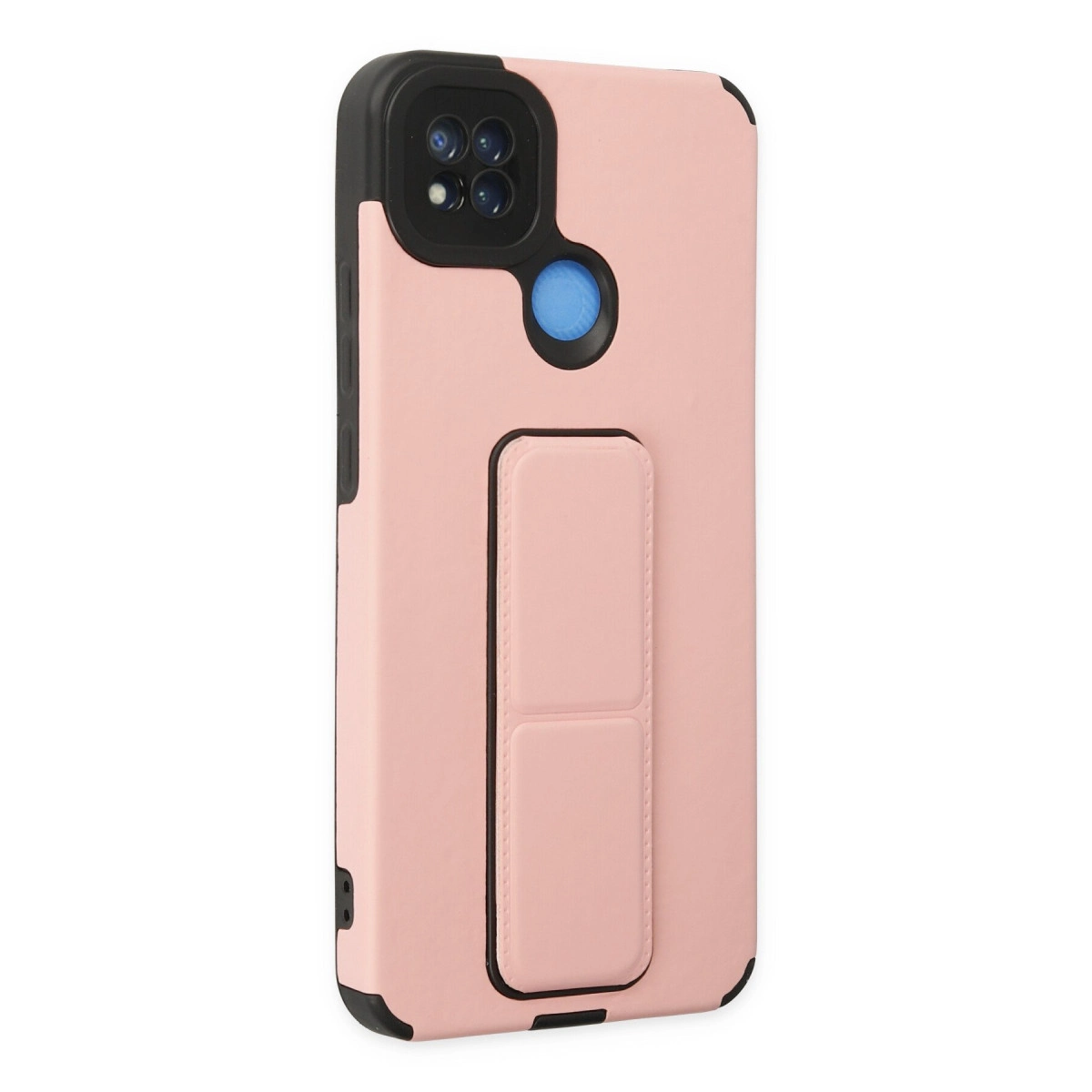 Siyah kamera çerçeveli ve mavi düğmeli pembe telefon kılıfının arkası.