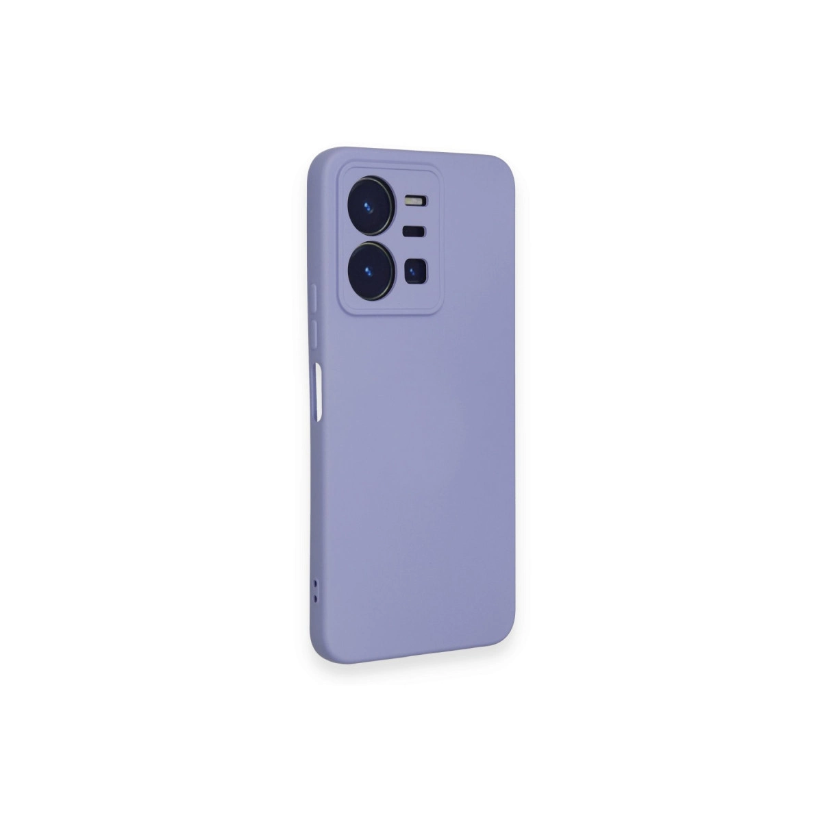 Arkada kamera modülü bulunan lavanta rengi telefon kılıfı.