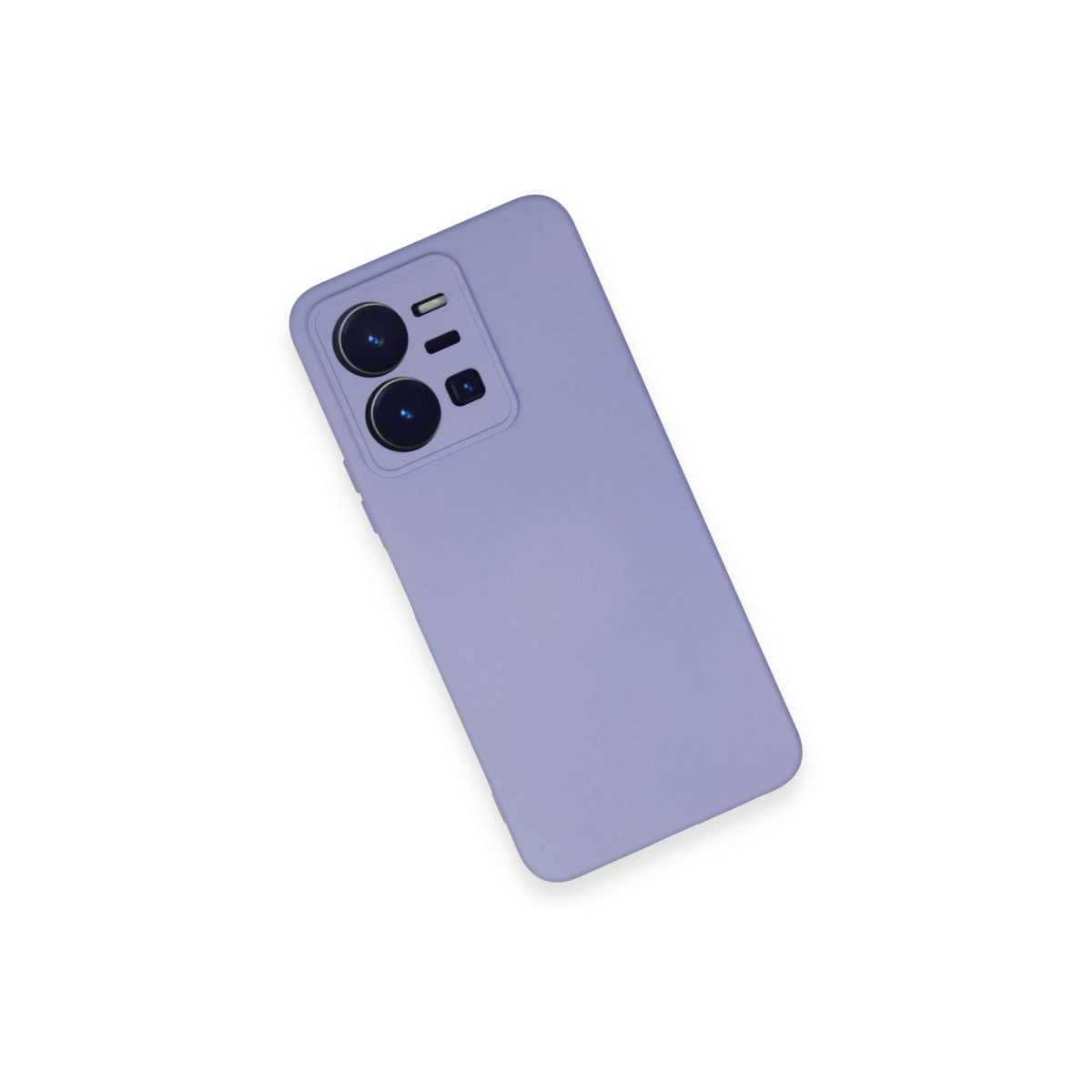 Beyaz arka plan üzerinde kamera modülü olan leylak rengi telefon kılıfı.