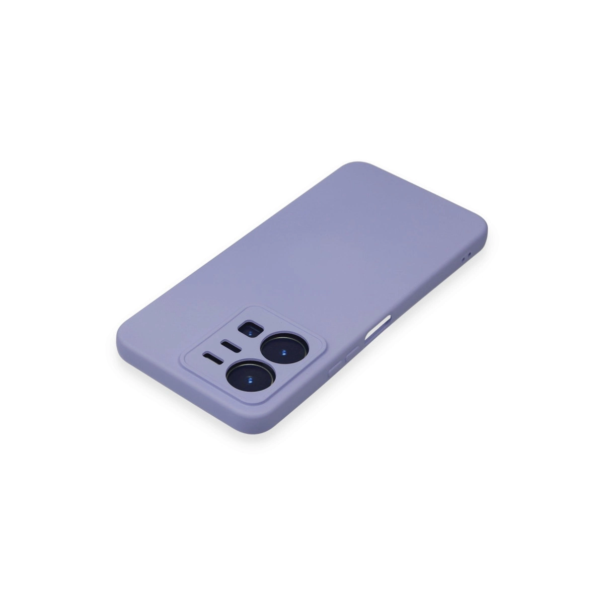 Beyaz arka plan üzerinde kamera kesimli lavanta rengi telefon kılıfı.