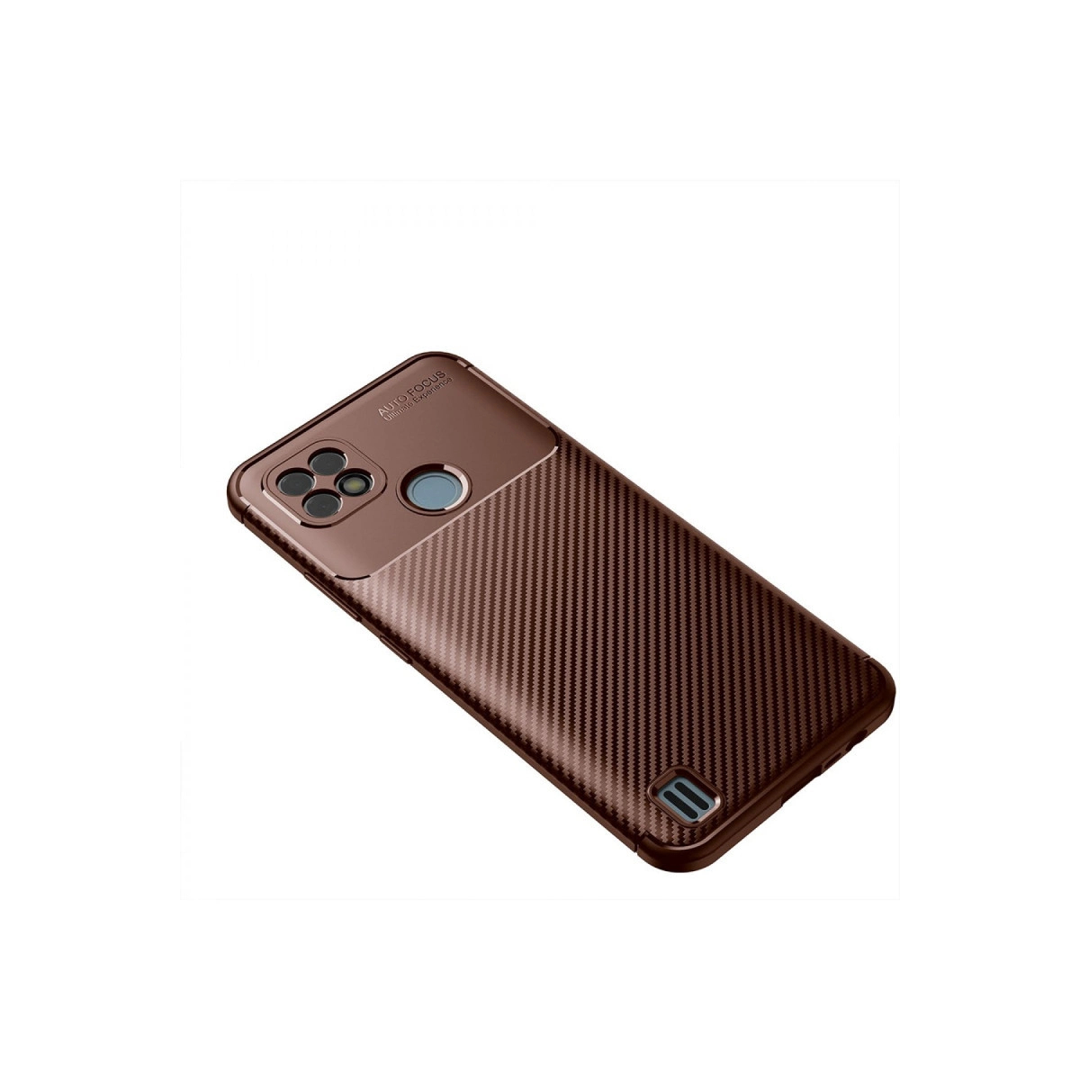 Kahverengi karbon desenli telefon kılıfı, kamera ve parmak izi okuyucu.