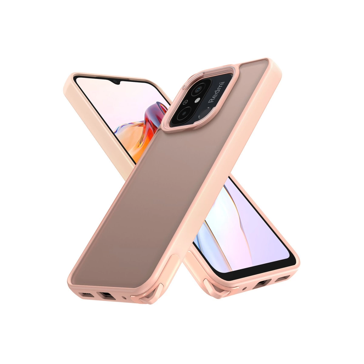 Beyaz arka plan üzerinde kamera sistemli iki pembe telefon kılıfı.