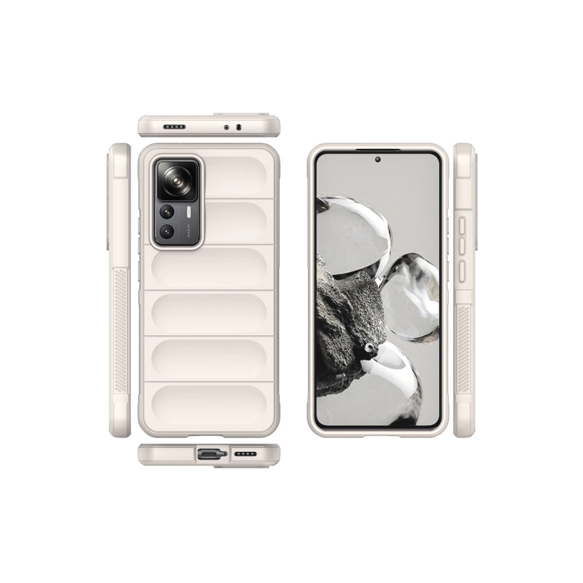 Kapitone tasarımlı, açık bej telefon kılıfı ve telefon görünümü.