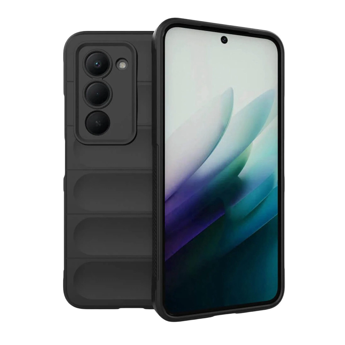 Doku kaplamalı ve üçlü kamera sistemli siyah akıllı telefon. Ekran soyut renkler gösteriyor.