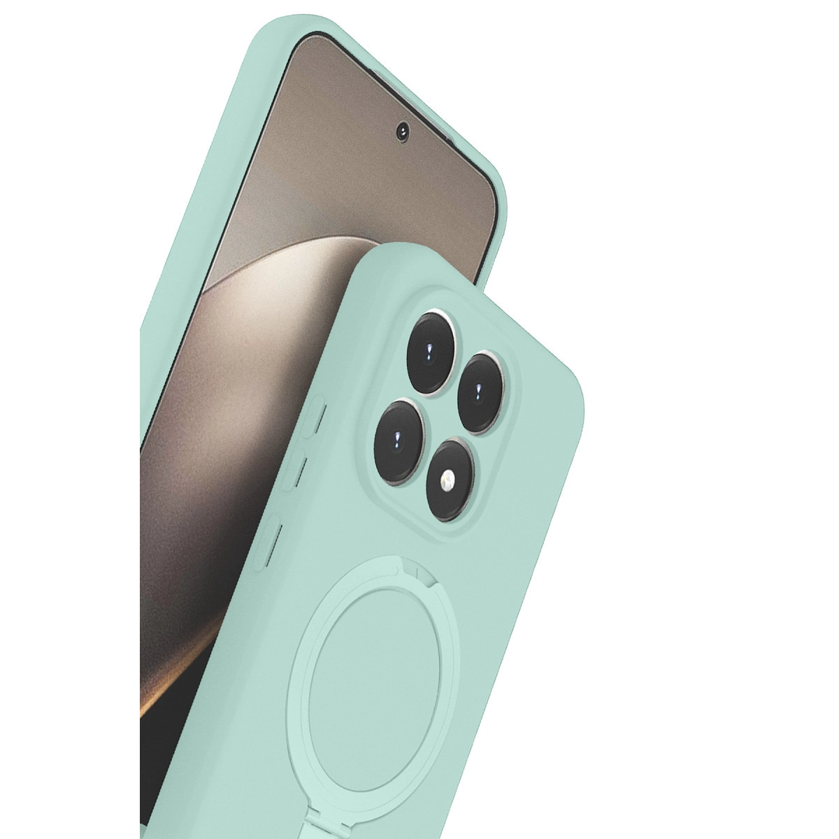 Dört kameralı ve halka tutuculu açık yeşil telefon kılıfı.