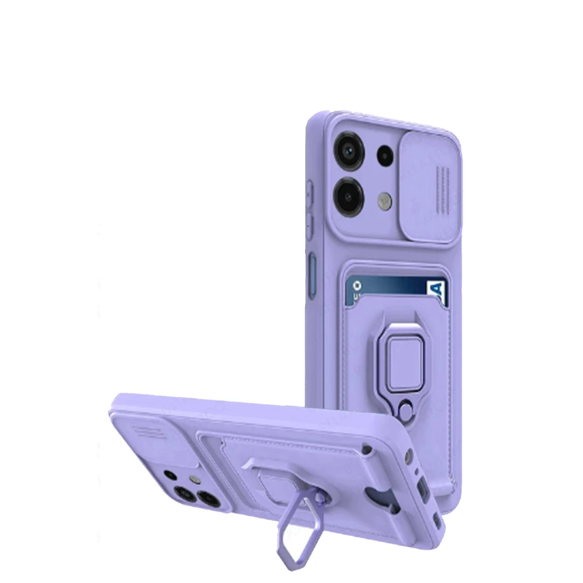Entegre kart tutucu ve halka tutuculu iki lavanta rengi telefon kılıfı.