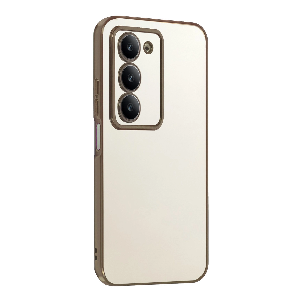 Arkada üç kamerası olan açık bej telefon kılıfı.