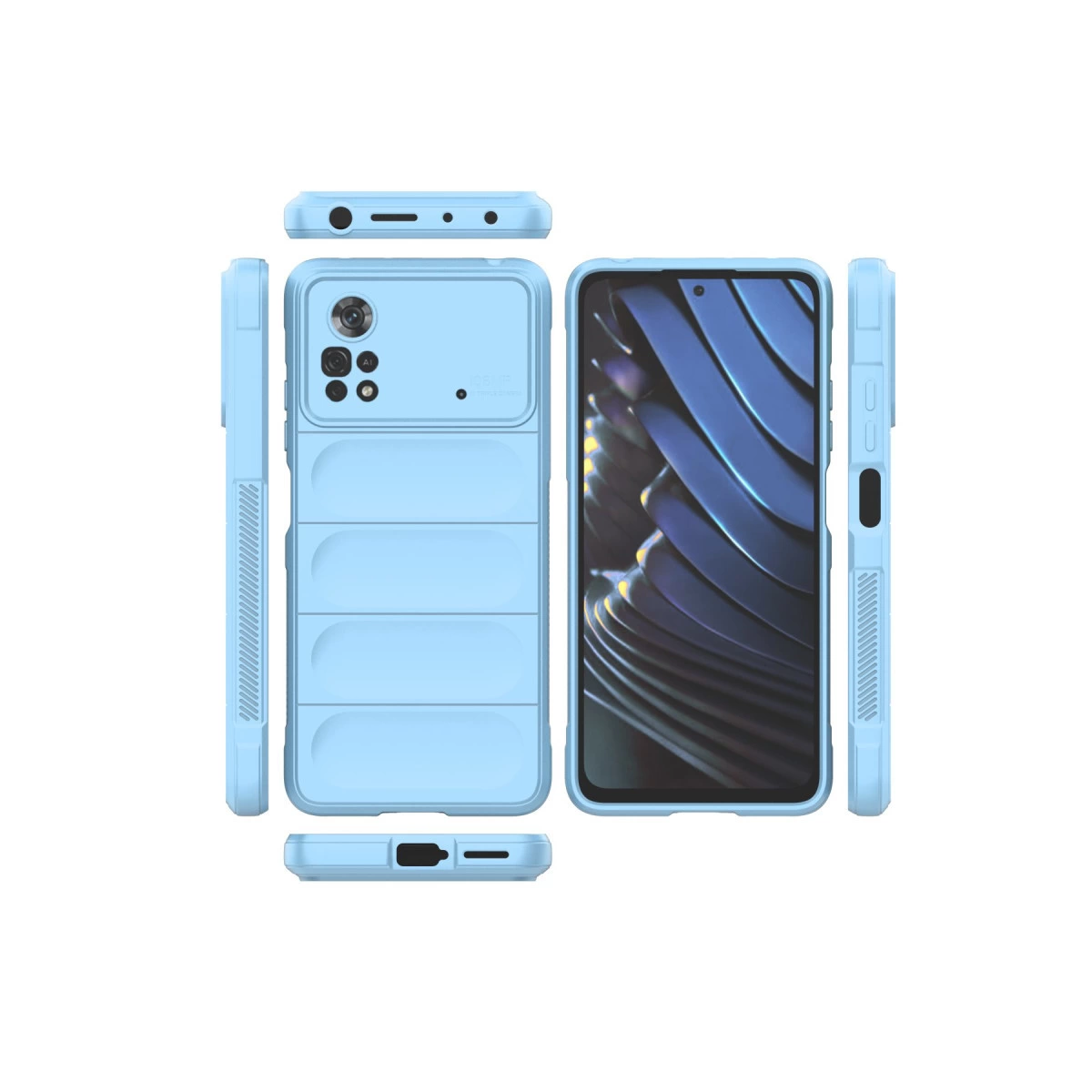 Kesikli ve kamera korumalı açık mavi telefon kılıfı, çoklu görünümler.